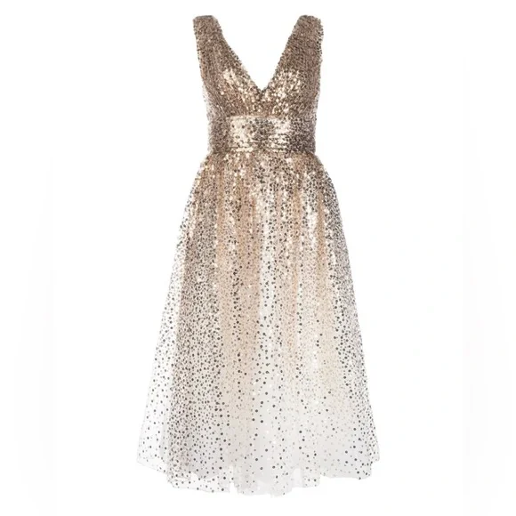 Gorgeous Sparkly Marchesa Notte Gold Sequin V Neck Midi Dress Size 4 NWT Luxury - Picture 5 of 9